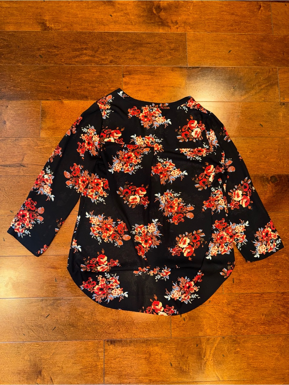 Daniel Rainn Black Blouse with Red and White Floral Print